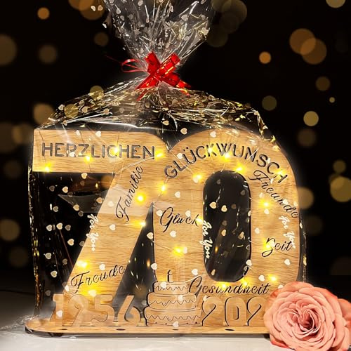 YUNLI Holz-Schild Gästebuch, 70 Geburtstag Frauen & Männer, Geburtstag Jubiläum mit LED Lichterkette und Cellophantüten, 2026 Holzschild Gästebuch Geburtstag, Geburtstagszahlen 70 Jahre Tischdeko