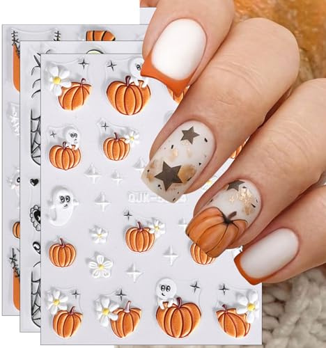 JMEOWIO 3D Nagelsticker Halloween Nail Art Sticker Selbstklebend Nagelaufkleber 5D Stereoskopisch Niedlicher Kürbis Geist Blumen Spuk Dekoration Nageldesign Zubehör 4 Blatt