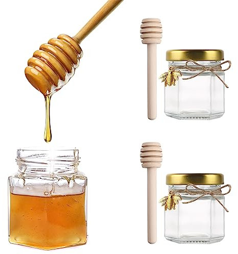 Pinsheng 20 Stück 1,5 Unzen Hexagon Mini Glas Honiggläser, Mini Honig Gläser 45 ml Marmeladengläser mit Goldenen Deckeln Honiglöffel Bee Anhänger Jute für Babyparty Hochzeitsgeschenke Partygeschenke