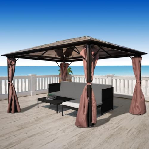 PURADAY Pavillon mit Vorhängen Braun Aluminium 4x3 m Gartenpavillon Pavillon Wasserdicht Grill Pavillions Party Zelt für Familienfeiern Und Outdoor-Aktivitäten Klassisches & Elegantes Design