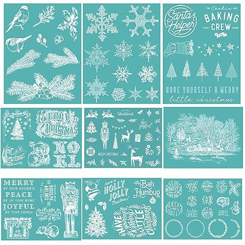 9Pcs/Set Christmas Theme Silkscreen Stencil,Reusable Self-Adhesive Silk Screen Printing, for Decor/Printing on Wood/Fabric/Wall/Cup/Plate/Glass/Paper, Home Christmas Decorations(8.5x11inch)