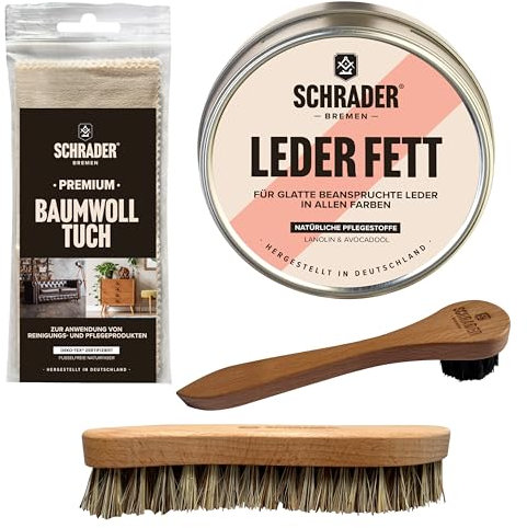 SCHRADER - Set de cuidado para botas de senderismo para zapatos de cuero dañados, grasa de cuero para botas impermeables, 4 piezas, fabricado en Alemania, Botella marrón, Wanderstiefel Leder Set