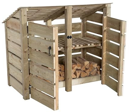 Arbor Garden Solutions wooden log store with doors, slatted firewood storage with doors (W-146cm, H-126cm, D-88cm), natural finish (With kindling shelf (reverse roof))