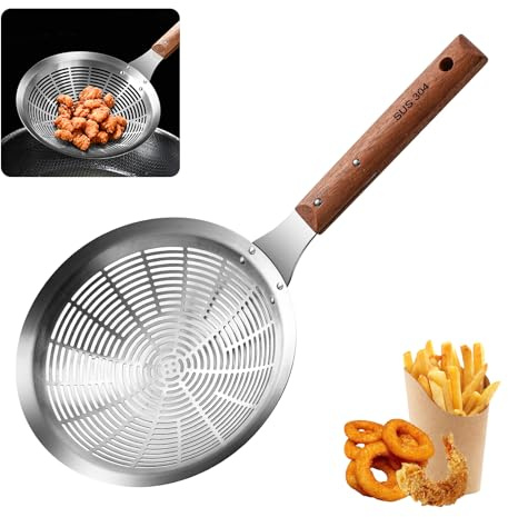 VANDHOME Skimmer - Cucharón ranurado de acero inoxidable 304 de 10 pulgadas con mango de madera, colador de pasta de araña de cocina para chefs cocinar, drenar y freír (mango de madera)