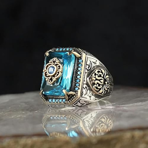 Bague chevalière Turque Faite à la Main pour Hommes, Vintage, Couleur Argent, Motif sculpté, Incrustation de Zircon Vert, Bague Punk de fête
