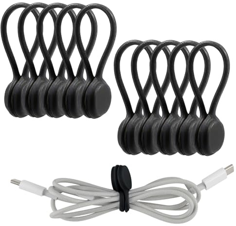 10PCS Black Magnetic Cable Ties, Reusable Silicone Cable Organisers, Magnetic Cable Clips Cord Organiser, Magnet Twist Tie Wraps for Organizing, Bundling Wires, Earphone Cable, Cords, Charger