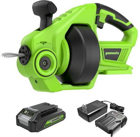Greenworks 24 Volt Cordless Plumbing Drain Auger for Unclogging Sinks, Shower Drains, Toilets, Includes 2.0Ah Battery and Charger