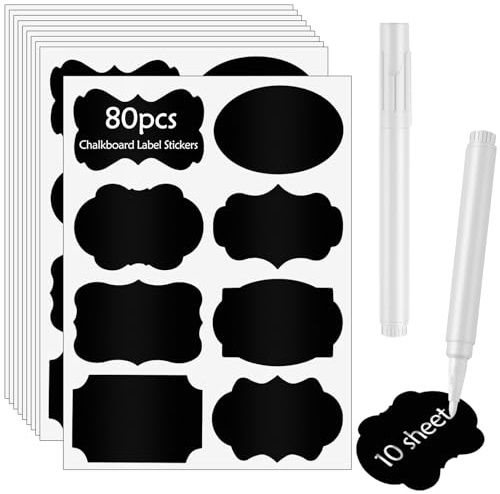 Poeland 80pcs Chalkboard Label Stickers, 8 Assorted Shapes with 2 White Chalk Marker, Reusable Waterproof Label for Jar, Storage Bin, Containers