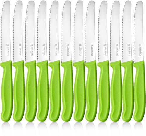 targzier Tomaten- und Tafelmesser,12-teilig Extra Scharfe Klinge Frühstücksmesser,Kunststoffgriff Scharfe Besteck Messer Set,Jausenmesser,Brotzeitmesser mit Wellenschliff(11 cm) Rostfreier Stahl,Grün