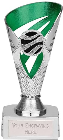 TROPHIESPLUSMEDALS Silver Green Voyager Trophy Cup, 15cm, Engraving | Two-tone resin trophy cup from the Voyager Collection with free engraving on personalised plate, ideal for school and sports.
