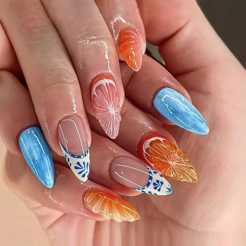 GlamRays 24 Stück 3D Obst Press on Nägel Kurz Mandel Sommer Falsche Nägel Stick On Nails French Nail Art Tips
