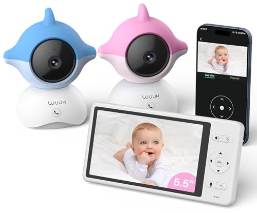WUUK 2K Babyphone mit 2 Kameras (1 blau, 1 rosa), 5,5 Zoll Display | 360° Kamera, 135° Weiter Blickwinkel, APP Unterstützen, One-Touch-Anruf, Bewegungs/Geräuscherkennung, White Noise