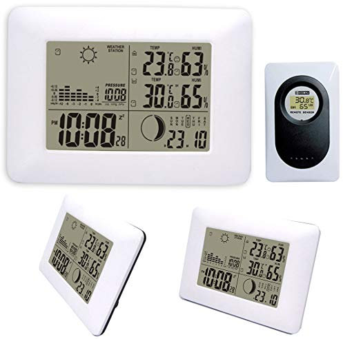 Reloj despertador con radio para mesita de noche, estación meteorológica inalámbrica digital RF, sensor de control remoto con retroiluminación azul, pronóstico del tiempo para escritorio de pared