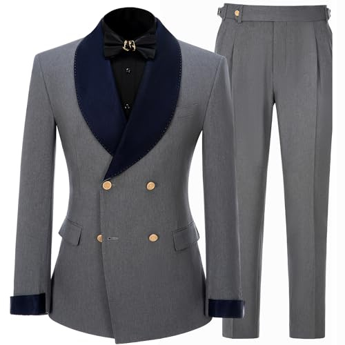 Elionm Grey Mens Suit Slim Fit Double Breasted Wedding Tuxedo Suits Set for Men 2 Piece Navy Shawl Lapel Men's Formal Jacket Pants L