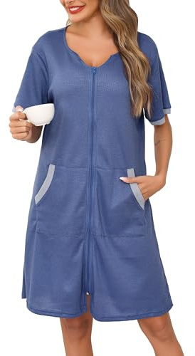Lovasy Accappatoio con Cerniera Donna Vestaglia in Maglia Waffle a Maniche Corte Vestaglia Leggera al Ginocchio Abbigliamento da Casa con Tasche,B-Blu,S