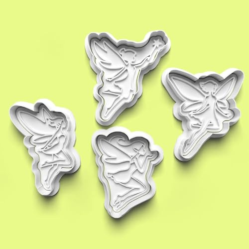 Fairies Cutter and Fondant Stamp Set of 4 – Party Celebration, Birthday Cake, Baker Cookies, Baking Fun, Sugar Biscuit Topper 8-9cm