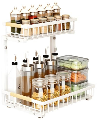 Gevvnss Organizer Sottolavello a 2 Livelli,Scaffale Estraibile in Metallo Cucina,Altezza Regolabile 35-43 cm,Organizzatore Sottolavello per Armadio Da Cucina,Bianco
