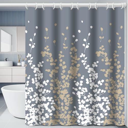 IGINOA Duschvorhang 180x200 Antischimmel Badevorhang Shower Curtains Wasserdicht Blumen mit ösen Motiv Schimmelresistent Gold Grau Badewanne Vorhang Pflanzen Waschbar Muster Duschborhang