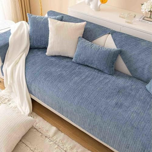 Ecksofa-Husse, Stretch Sofa-Husse, 3-Sitzer Sofaüberwurf mit Armlehnen, schützt das Sofa vor Katzenkratzern Rutschfester Griff Technologie Blau 30x50cm Kissenbezug