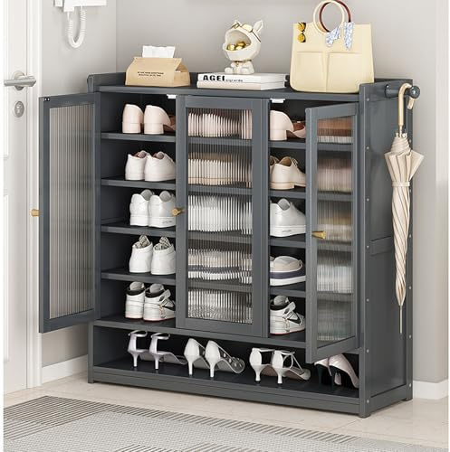Générique Meuble de Rangement autoportant Multicouche pour Cuisine, Meuble à Chaussures avec Portes et caillebotis pour entrée, Bureau, Meuble à Chaussures en Bois Gris pour couloirs (90 cm)