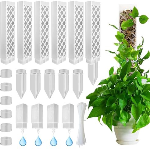 Moss pole 6 pièces, bâton pour plantes grimpantes, support pour plantes, poteau de sphaigne pour Monstera, Moss Pole Plastic, 4 broches, 4 bouteilles à goutte, 4 diaphragmes de reproduction, 100