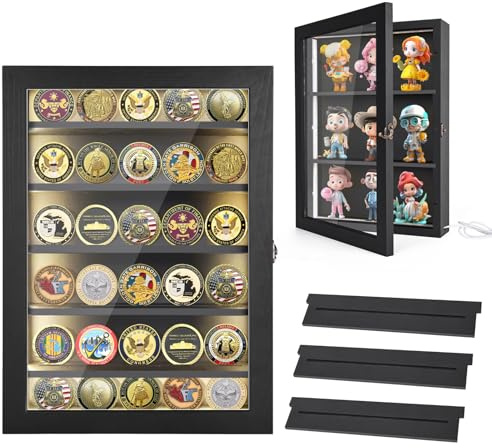 Challenge Coin Display Box with Lights Medals Collectible Figures Display Case with Light Led Cabinet Shadow Box Wall Mounted Shelf Crystals Coin Holder Storage Box for Bobble Heads