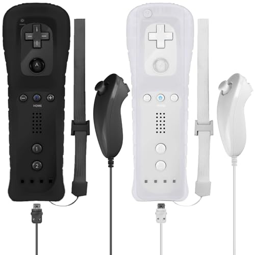 Leikurvo 2er Set Wii-Fernbedienung Gamecontroller, Controller Remote mit Nunchuck Controller für Vernbedinung Remote Plus Ersatz Kontroller Jostick Game Handle für Wii/WiiU Konsole(Weiß+Schwarz)
