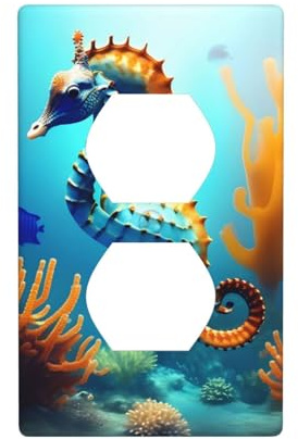YYHWHJDE Placa de pared de doble enchufe con imagen de caballito de mar de coral de fondo marino, resistente a roturas y duradera, 4.5 x 2.75 pulgadas