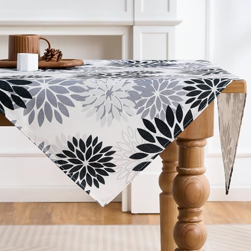 Tischdecke Schwarz Grau Dahlie Flowers Wasserdicht Modern Table Runner Baumwolle Tischdecke Abwaschbar Tablecloth Kitchen Decoration Party Table Cloth Saisonnal Outdoor Deco 85 x 85 cm