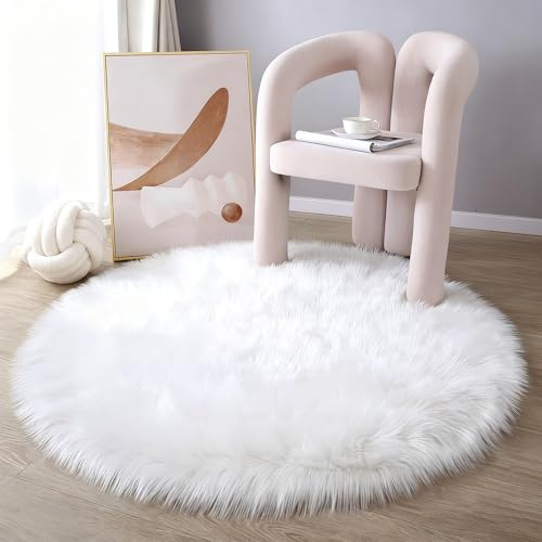 Faux Lammfell Schaffell Teppich 100 x 100 cm, Lammfellimitat Teppich Flauschiger Weicher Fell Teppiche Longhair Fell Lammfellimitat Carpet für Stühle Sofa Schlafzimmer Kinderzimmer (Weiß, Rund)
