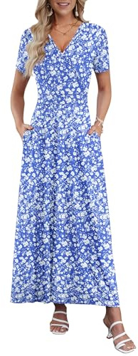 AUSELILY Robe Longue Femme Été Col en V Manches Courtes Robe Ligne A