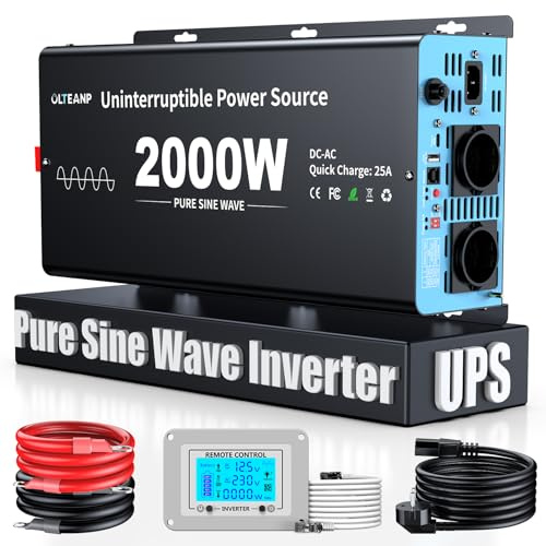 OLTEANP 2000W Inversor Onda Pura 12v a 230v con UPS y Prioridad de Red, Voltaje Ajustable para Batería Litio, Convertidor de Corriente con Mando LCD, para Caravana Camper Coche