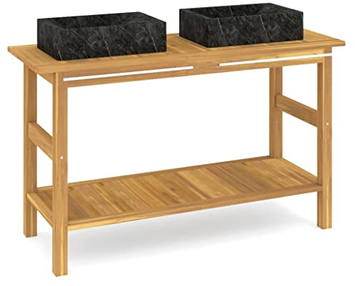 mtlskopl Doppelwaschtisch aus Massivholz Teak mit 2 Marmorwaschbecken in Schwarz, Badezimmerschrank 132x45x75 cm, Waschtischunterschrank mit Handtuchhalter für Bad und Waschraum