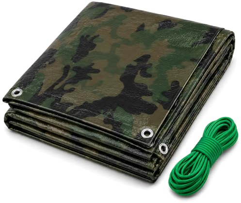 Camouflage Tarpaulin 5 x 6m Heavy-Duty Waterproof 85gsm with 10m Elastic Tie Rope - Camo Tarp Sheet Cover for Camping, Fishing, Garden Storage, Logs, Trailer, Allotment, Temporary Outdoor Use