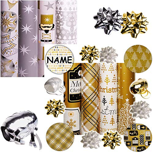 alles-meine.de GmbH 26 TLG. XXL Set: Geschenkpapier - Weihnachten - 8 Rollen + 14 Schleifen + 40 m Schleifenband - inkl. Name - edel - Gold & Silber - Geschenkschleifen - Geschen..