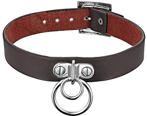 Flongo Choker Tattoo Kette Lederhalsband Damen Herren Halskette Gotik Halsband Schmuck Schwarz Braun Silber O-Ring Anhänger Einstellbar Verstellbaren Punk Rock