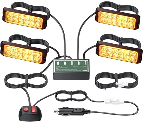 EYPINS 4X 12 LED Frontblitzer, Blinklicht Stroboskop Warnlicht Warnleuchte Notfall Warnung Blitzer Dash Strobe Orange 48W 8Modi IP65 für 12/24V Truck Traktor KFZ LKW Emergency Gabelstapler, E-Mark E57