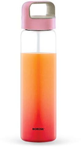 Borosil Crysto Botella de agua de cristal, botella de agua para nevera, boca ancha, vidrio de borosilicato resistente a temperaturas extremas, para agua fría y caliente, leche, lassi, jugo, tapa rosa,