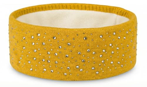 styleBREAKER Damen Stirnband Strass Feinstrick Viskose 59cm, Curry | Thermo-Fleece Futter. elastisches Haarband. Kopfumfang bis 59 cm. wärmendes Material. Handwäsche empfohlen.