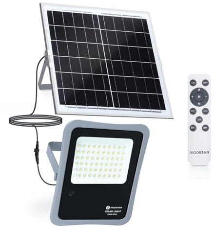 Aigostar - Foco proyector LED solar con mando a distancia, 200W, 6500K luz blanca. Resistente al agua IP65. Perfectos para exterior jardín, patios, caminos o garajes