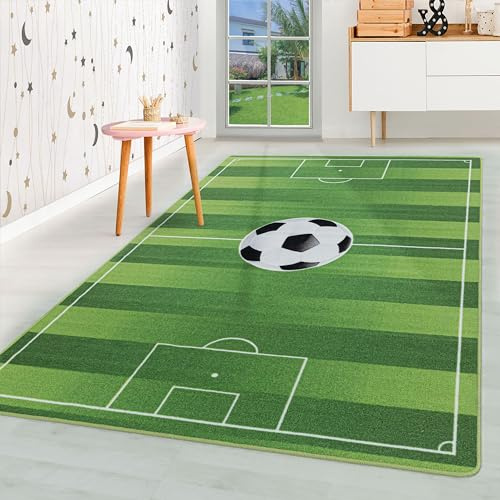 HomebyHome Kinderteppich Grün 160x230 cm Fußballstadion-Design Modern rutschfest Waschbar Pflegeleicht Extra Weich Antiallergen Babyteppich Kinderzimmer Jungen Mädchen