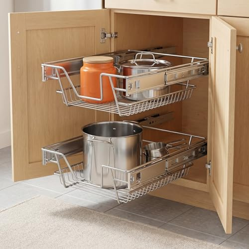 YRHome 2 Stück Auszug Küchenschrank,Mit Schienen Teleskopschublade,Verchromtes Metall Schrank organizer,Schräge Kante,Silber- Breite:30cm - für Schrankbreite 27cm(Innen)/30cm(Außen)