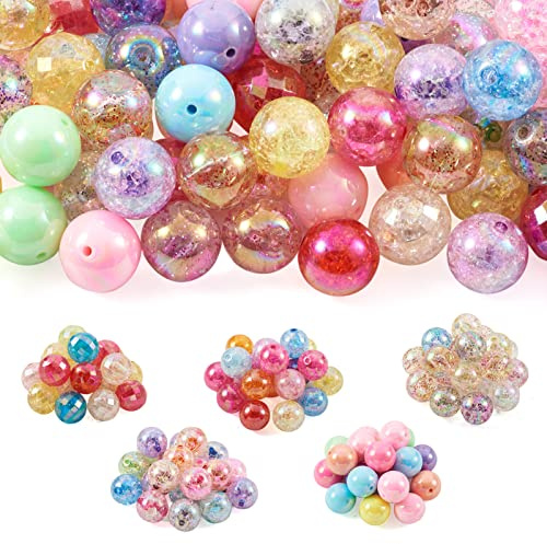 PandaHall Acrylperlen, rund, 19 ~ 20 mm, inklusive bunten Crackle-Perlen, AB-Farbe, Kaugummi-Perlen, transparent, facettierte Perlen für Schmuckherstellung, 100 Stück