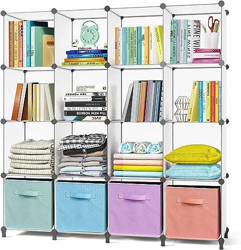 AWTATOS Kleiderschrank mit 16 Würfeln, Storage Shelves, DIY Regal Würfel, PP Steckregal Kunststoff, Kinderregal, Spielzeugregal, Faltschrank, Shelves, Standregal, Weiß ULPZ016