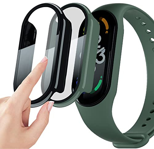 Msm-case [2 piezas Película protectora de pantalla negro+verde con vidrio templado para,estuche para PC con dureza 9H, parachoques, estuche protector completo delgado para inteligente Mi band 7