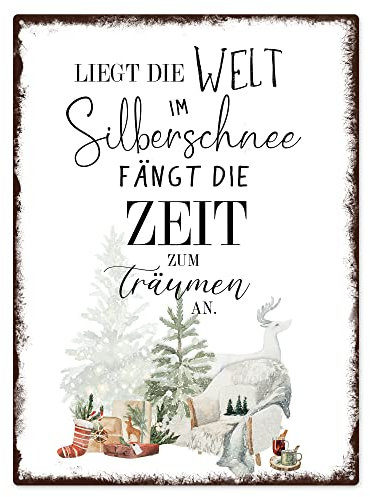 Interluxe Schild 300x220mm Metallschild Wandschild - Liegt die Welt im Silberschnee - Dekoschild mit Spruch Weihnachten Winterzeit Weihnachtszeit christmas xmas