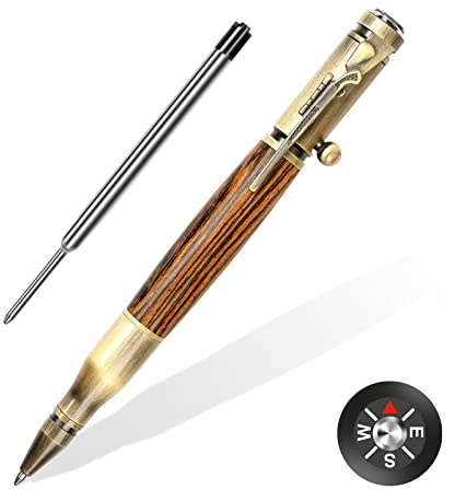 Bolt Action Pen with Compass & Extra Refill, Christmas Gifts Thanksgiving Day Gift Cool Gadgets for Men Wooden Ballpoint Pens Luxury Gel Ink Pens Medium Point 1.0 mm Black Ink…