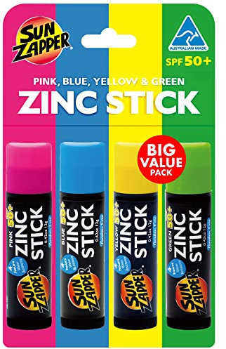 Sun Zapper Zinkoxid-Mineral-Sonnenschutzstift (Rosa, Blau, Grün, Gelb) SPF 50+ Wasserfest für Gesicht & Körper, Erwachsene, Kinder, 4er-Pack Breitspektrum-Farbsonnenschutz - Sonnencreme aus Australien
