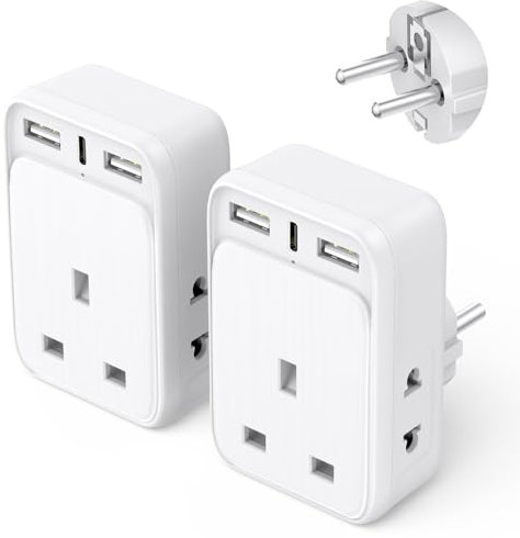 UK to European Travel Adapter 2 Pack, AODENG UK to EU Travel Adapter with 3 USB Ports (1 20W USB C), European Plug Adapter with 2 Shaver Adapter for Germany France Poland Spain and More (Type E/F)