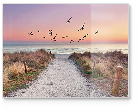 DEQORI Planche à découper en verre | Grande taille 40 x 30 cm | Motif « Strandaufgang zur Baltique » | Planche à découper design pour cuisine | Planche à petit-déjeuner antibactérienne & antidérapante